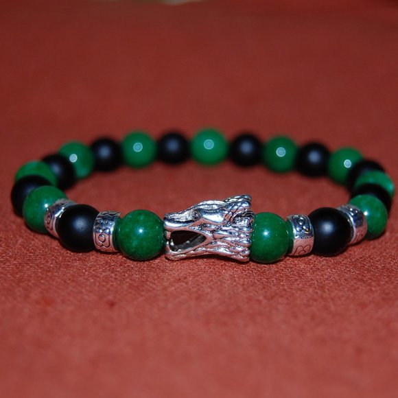 Dragon Bracelet,Jade Bracelet,Jade and Onyx 8mm Beads,Silver Dragon Bracelet - Picture 2 of 3